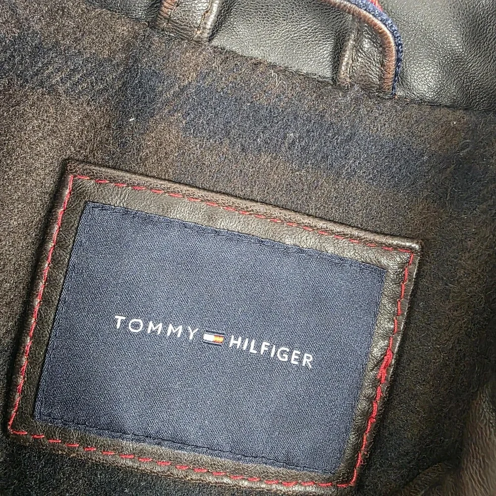 Tommy Hilfiger Jacket Mens Medium Brown Leather Bomber Plaid Lined Full Zip